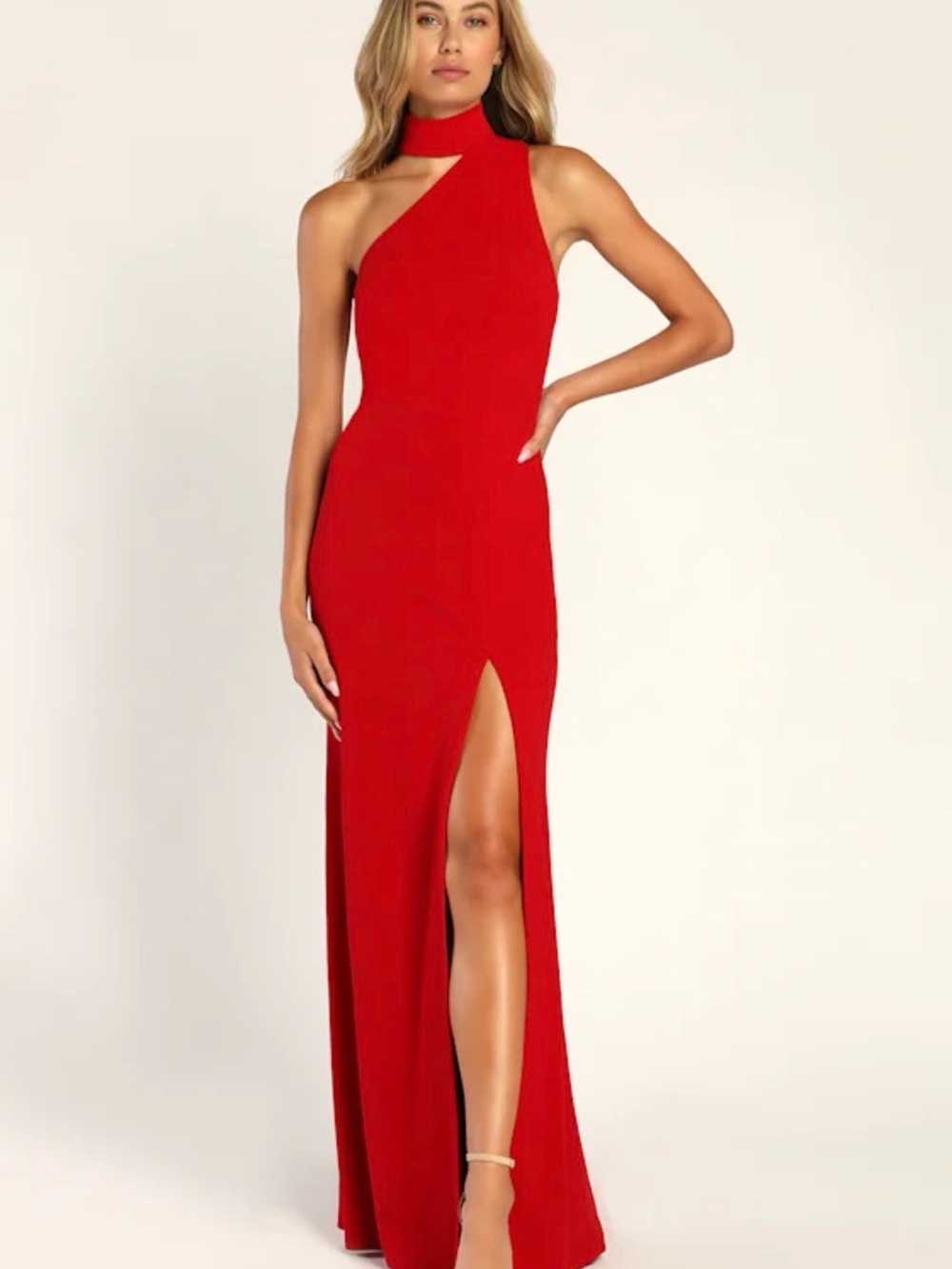Lulu’s Keep It Interesting Red Asymmetrical Cutout Halter Maxi Dress NWT